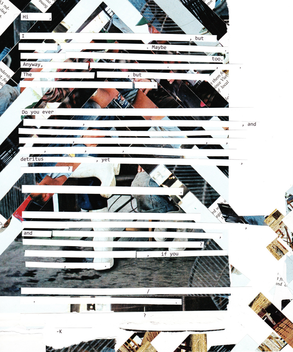 collage of interwoven diagonal lines overlaid with redacted strips of text