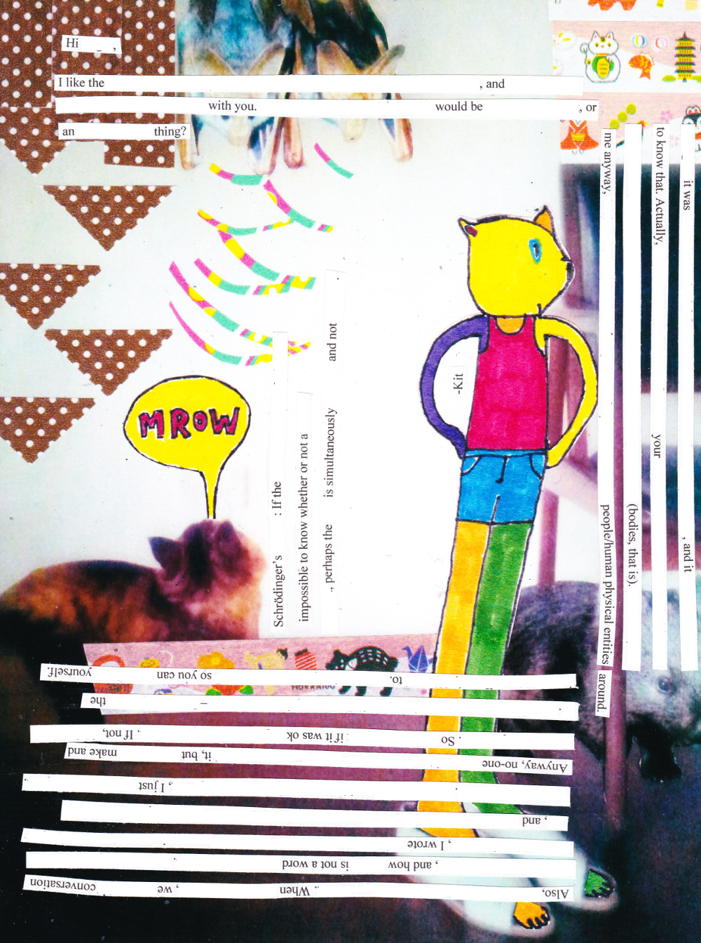 email to a person for a reason collage featuring a cat, bats, wombat, and nonspecific hand-drawn animal, overlaid with strips of redacted text