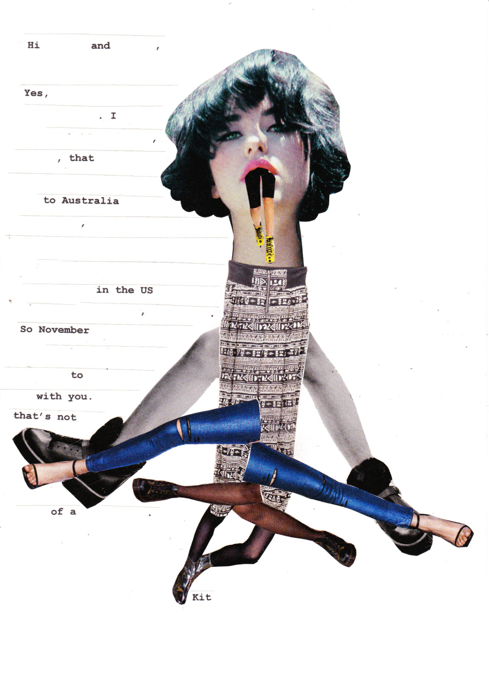 collage depicting a woman with 8 legs who is also eating a pair of legs, next to redacted strips of text