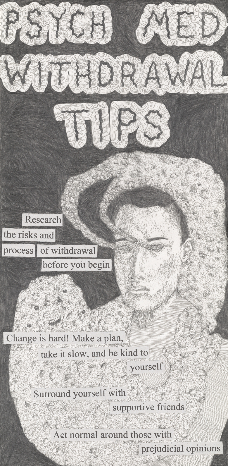 Detailed pencil drawing of a person with a smiling, cloudy dirt-monster billowing from
            their eyes. Text in image is reproduced below.