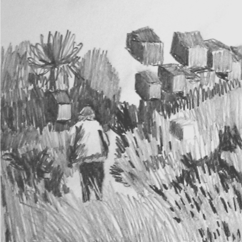 small pencil drawing of an old woman walking away from the viewer into a landscape filled with floating cubes (detail)