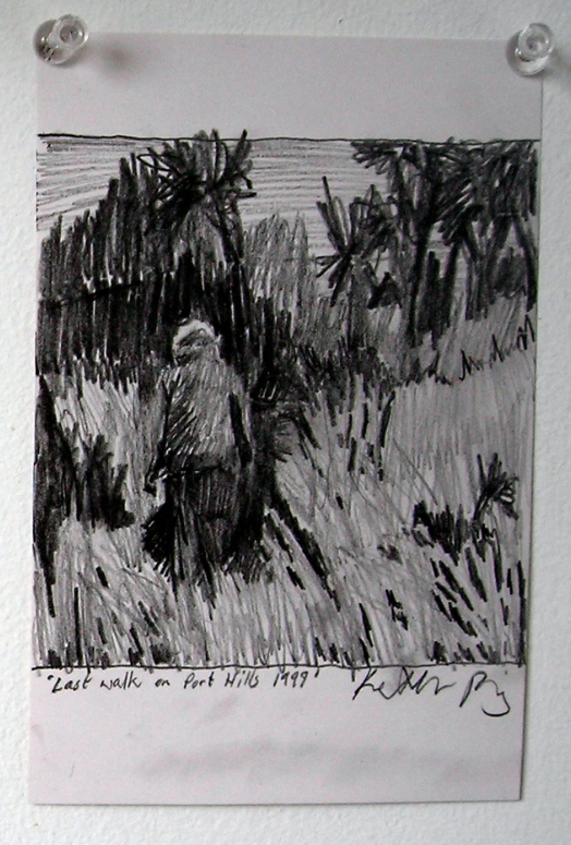 small pencil drawing of an old woman walking away from the viewer into a twilight landscape