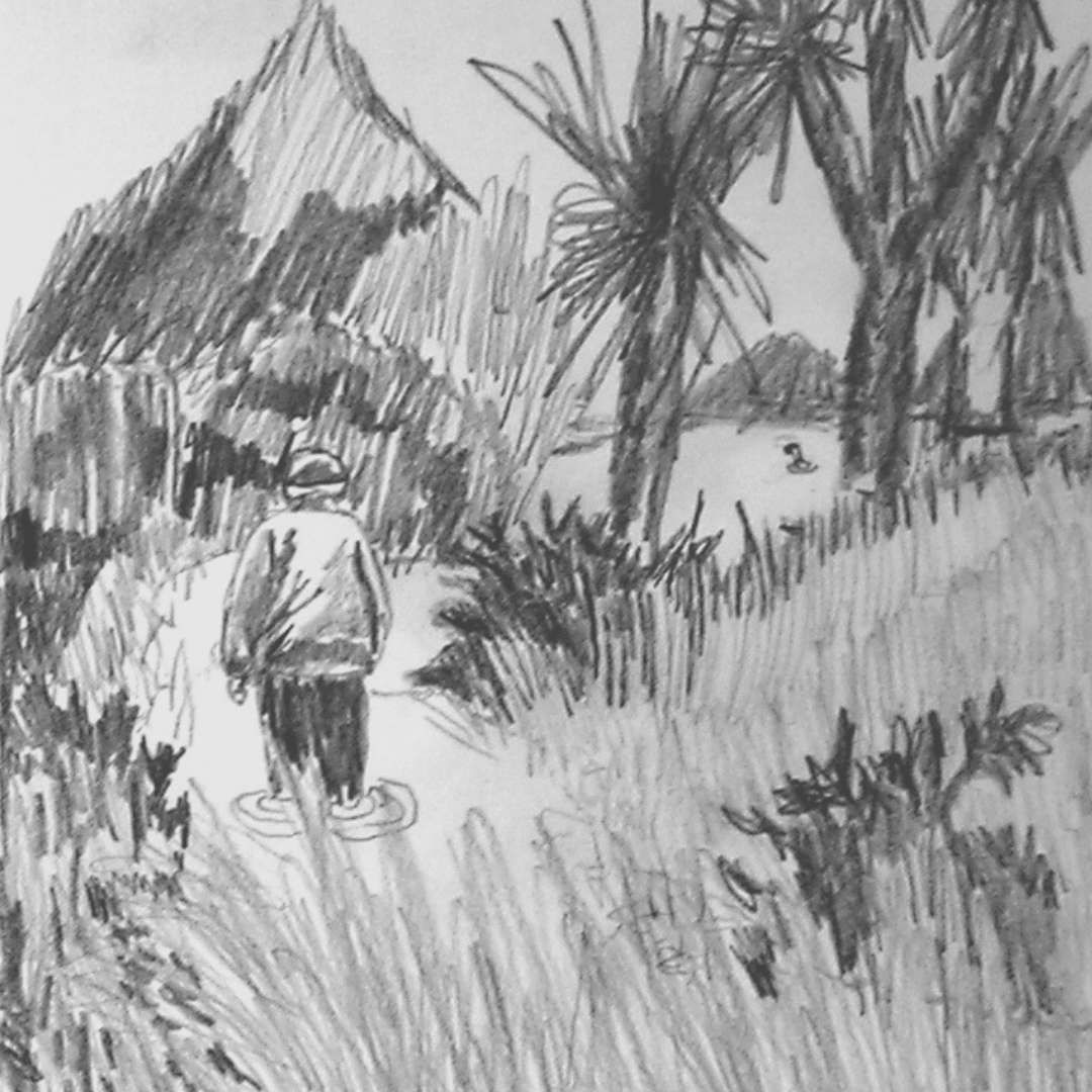 small pencil drawing of an old woman walking away from the viewer into a flooded landscape with distant plesiosaur (detail)