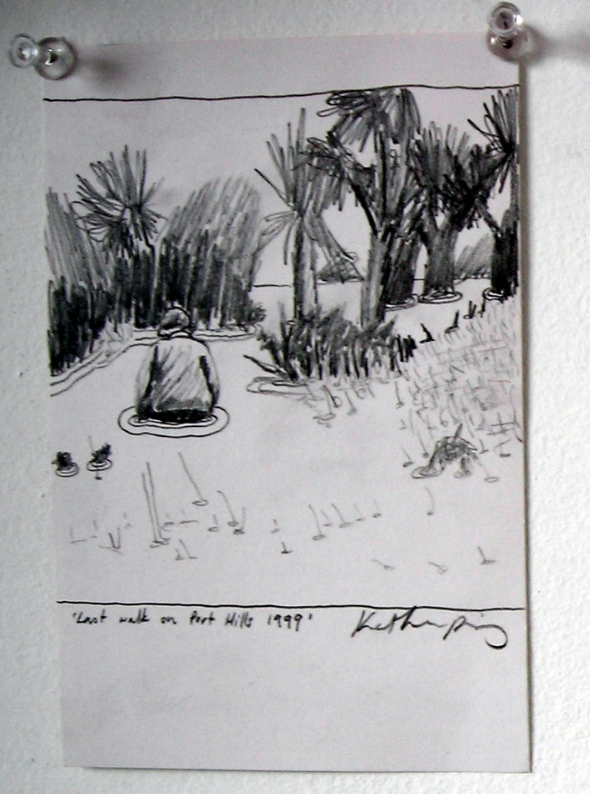 small pencil drawing of an old woman walking away from the viewer into a flooded landscape