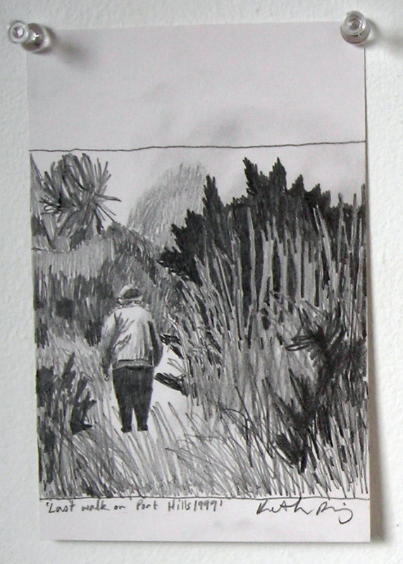 small pencil drawing of an old woman walking away from the viewer into an overgrown landscape