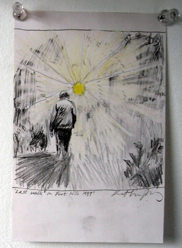 small pencil drawing of an old woman walking away from the viewer into a small yet powerful yellow sun